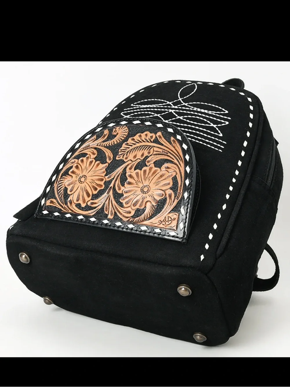 Black Suede Mini Backpack with Floral Leather Accent